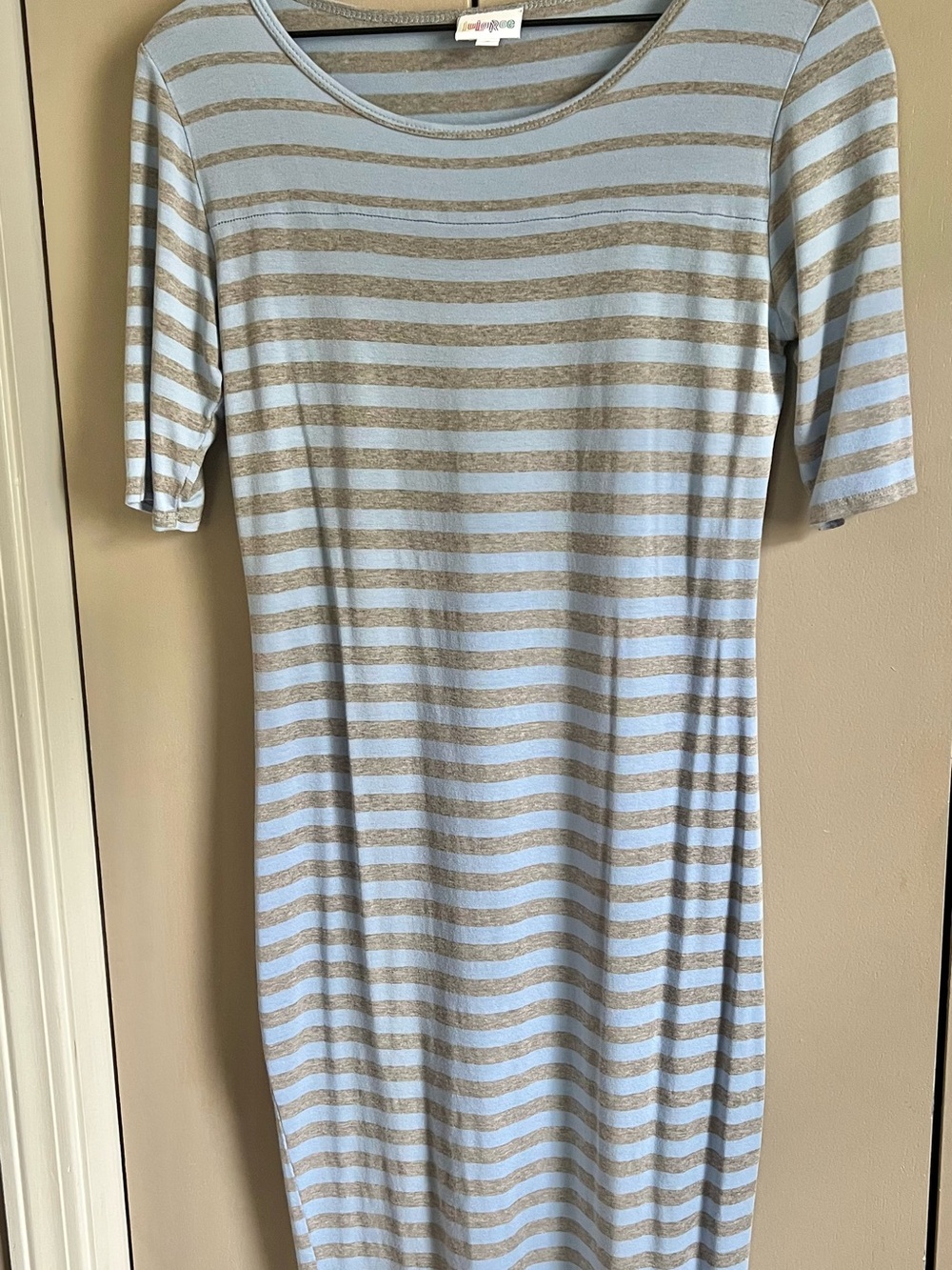 LuLaRoe Julia Light Blue and grey Striped Midi Dress